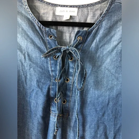 ANTHROPOLOGIE CLOTH & STONE CHAMBRAY LACE UP BLOUSE MEDIUM TENCEL LYOCELL TUNIC - Picture 6 of 10